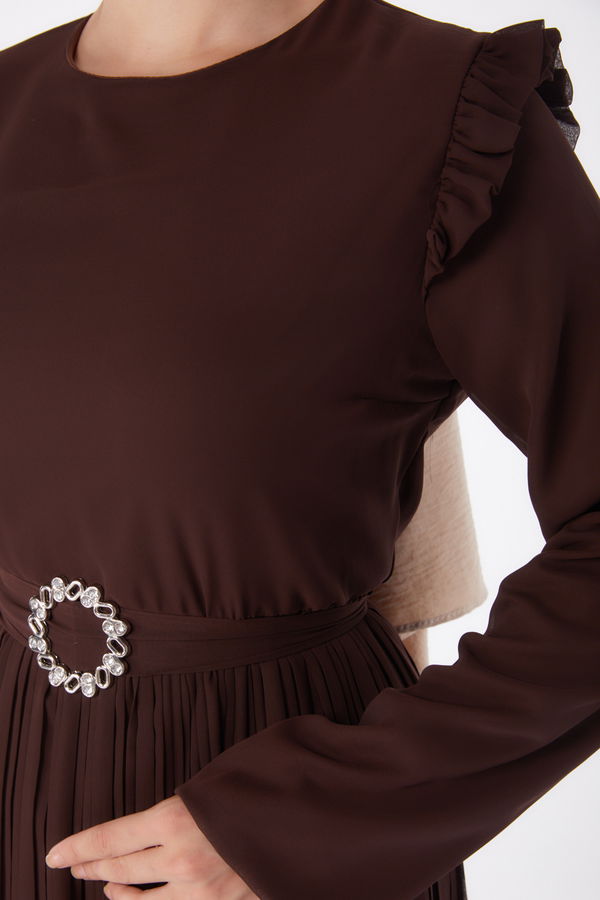 Piliseli Abiye Elbise Kahverengi - 26029 KAHVERENGİ