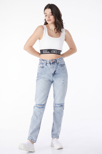 Dizi Yırtık Mom Jeans Kot Pantolon Mavi - 50008