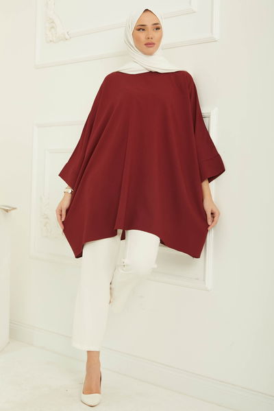 Düz Bisiklet Yaka Kadın Bordo Tunik - 11408