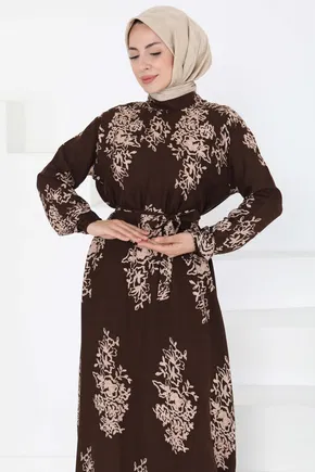 Kuşaklı Desenli Elbise - 27191