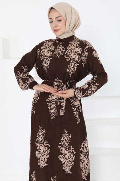 Kuşaklı Desenli Elbise - 27191