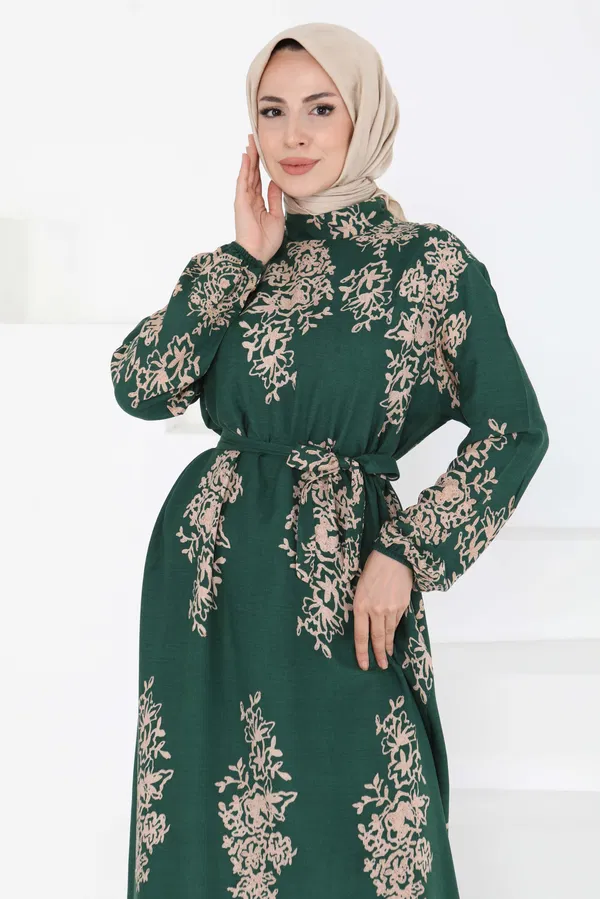Kuşaklı Desenli Elbise - 27191
