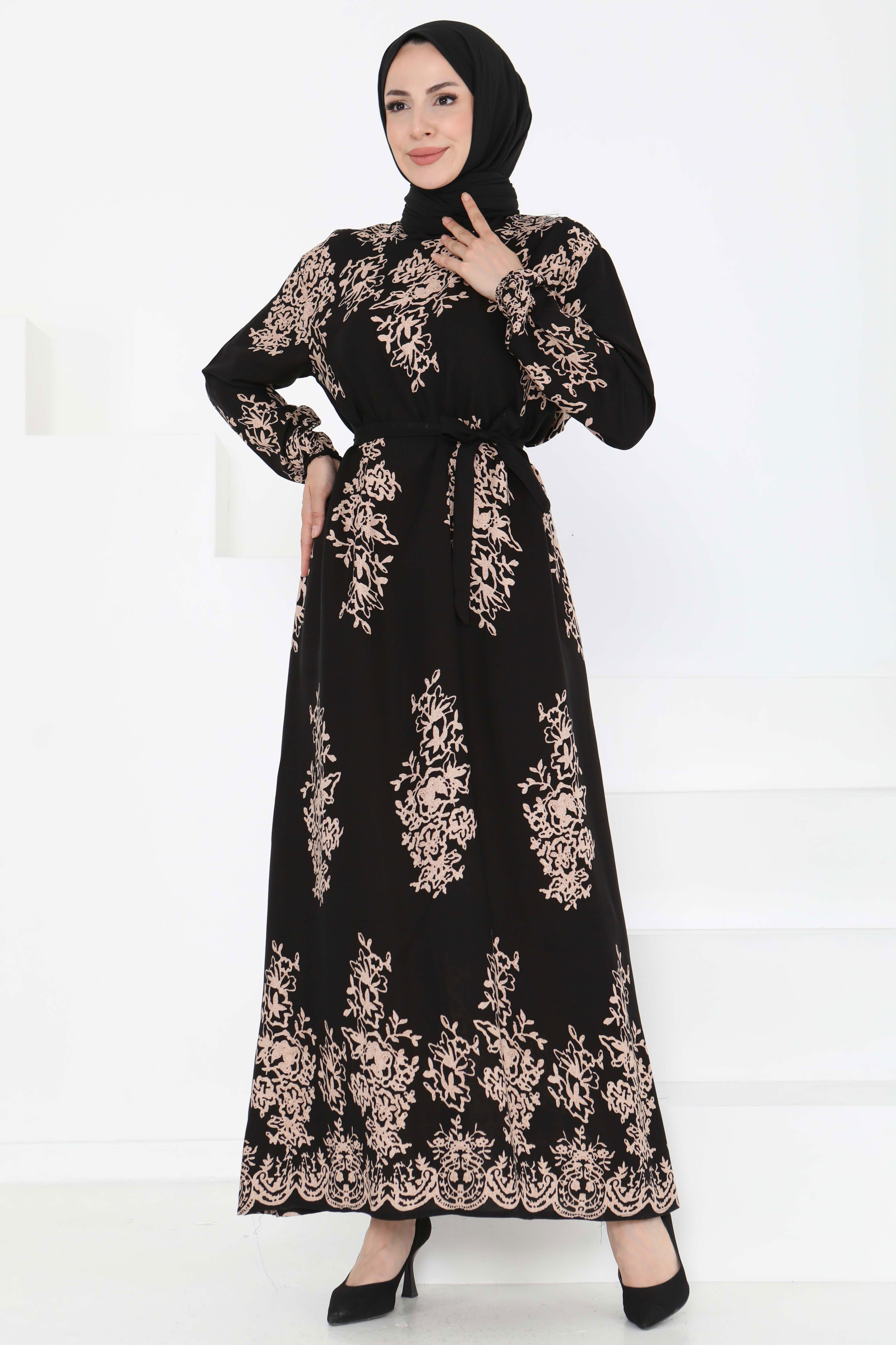 Kuşaklı Desenli Elbise - 27191
