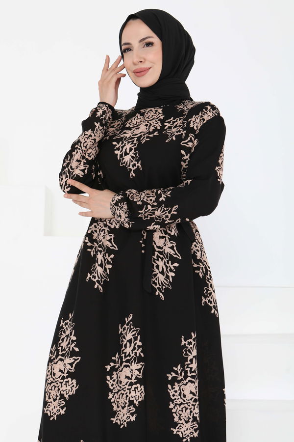 Kuşaklı Desenli Elbise - 27191