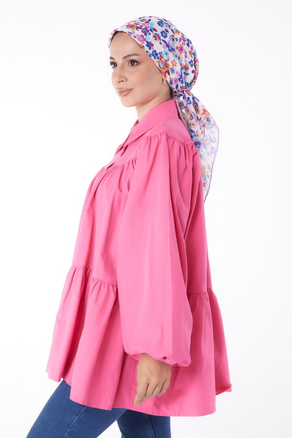 Düz Gömlek Yaka Kadın Pembe Balon Kollu Gömlek - 26128 PEMBE