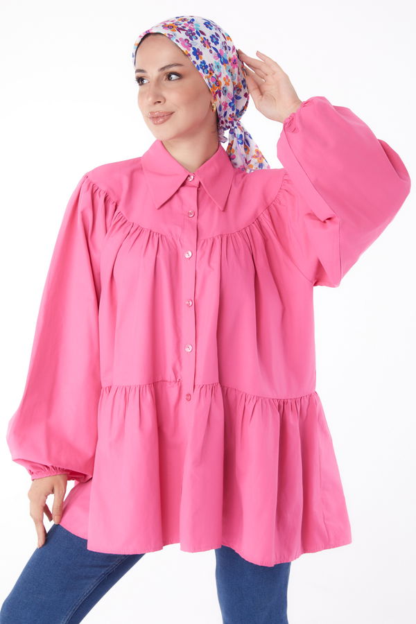 Düz Gömlek Yaka Kadın Pembe Balon Kollu Gömlek - 26128 PEMBE