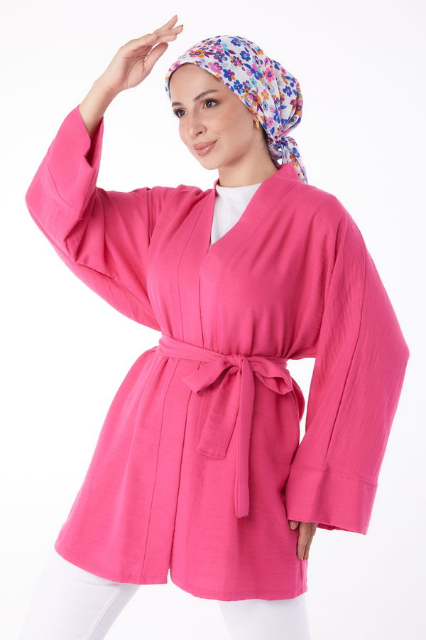 Düz Orta Kadın Fuşya Kuşaklı Kimono - 26129 FUŞYA