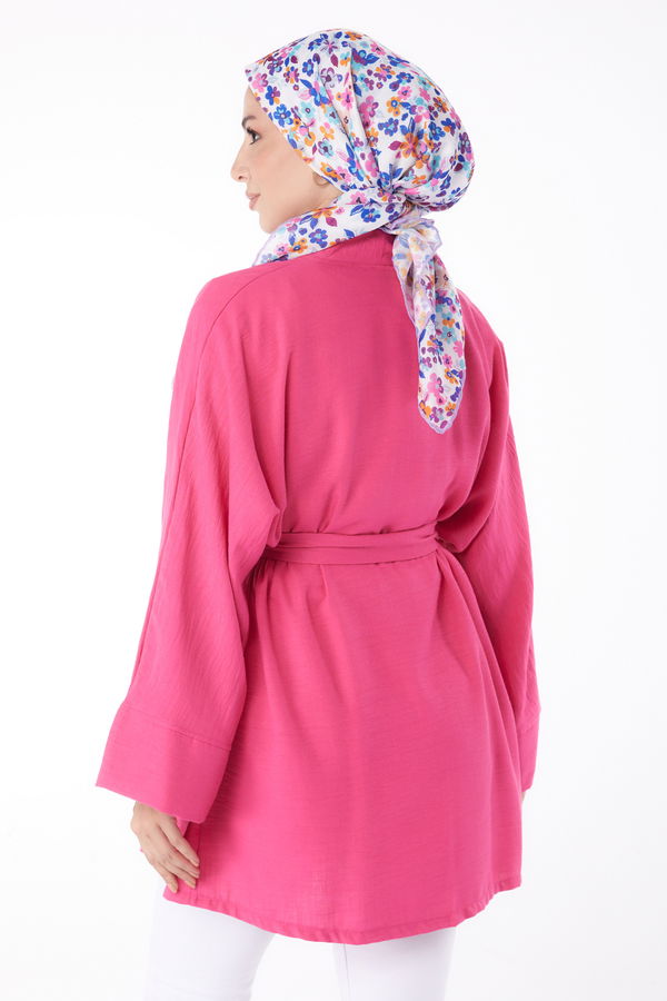 Düz Orta Kadın Fuşya Kuşaklı Kimono - 26129 FUŞYA