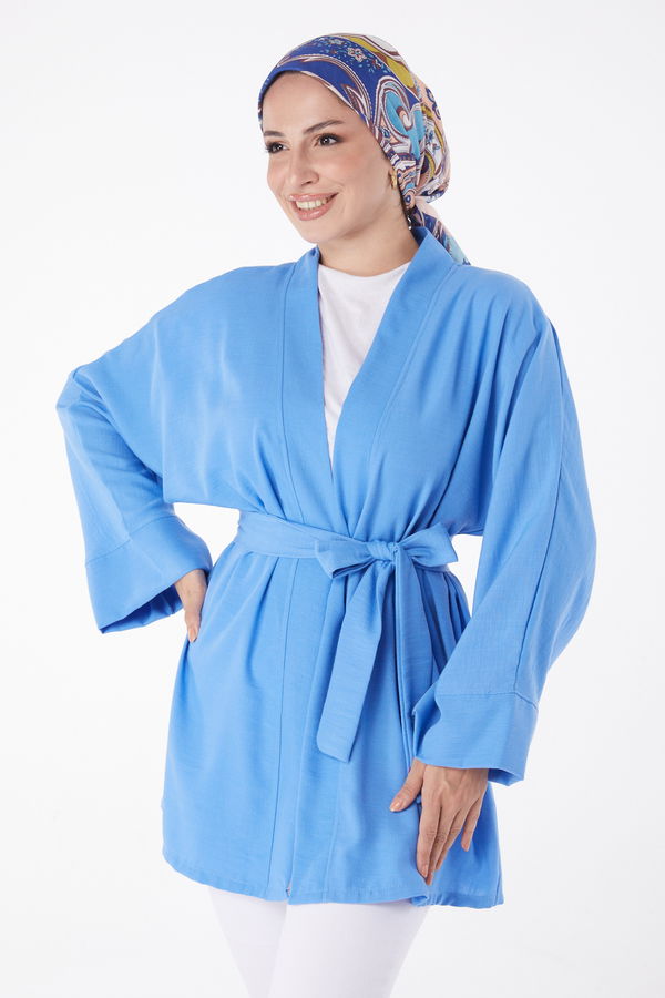 Düz Orta Kadın Mavi Kuşaklı Kimono - 26129 MAVİ