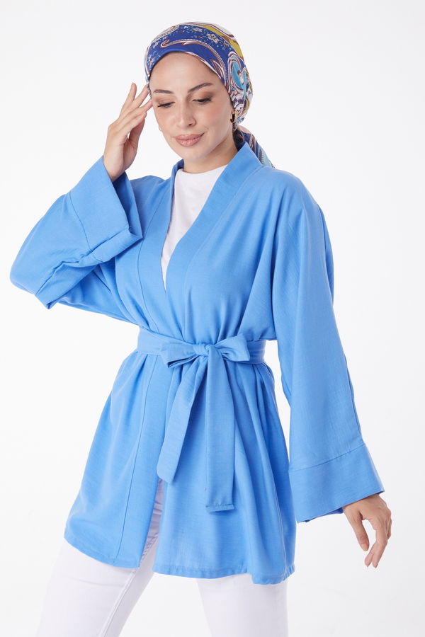 Düz Orta Kadın Mavi Kuşaklı Kimono - 26129 MAVİ