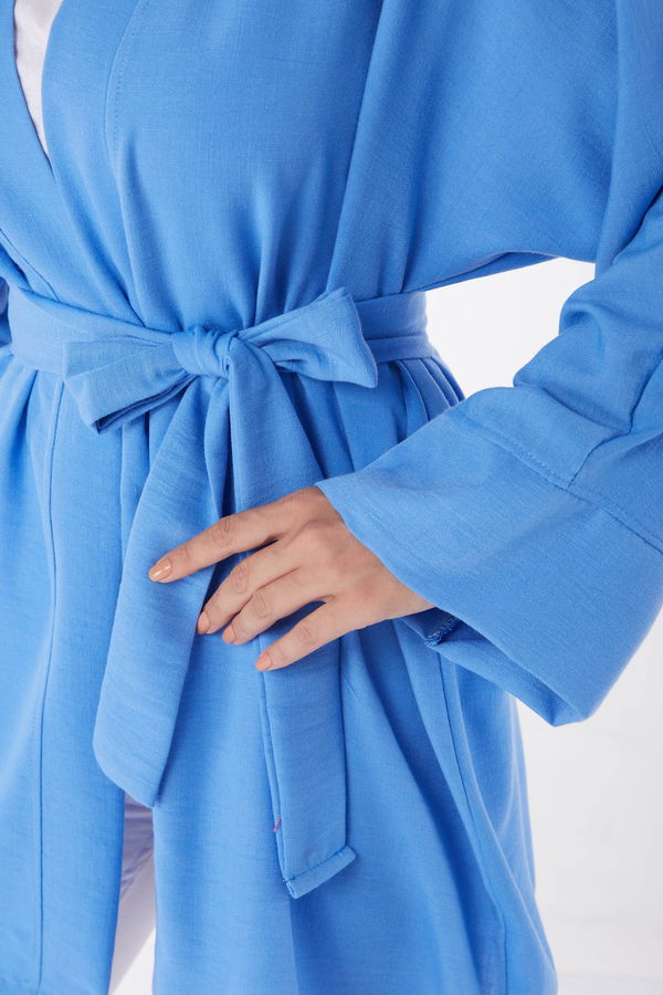 Düz Orta Kadın Mavi Kuşaklı Kimono - 26129 MAVİ