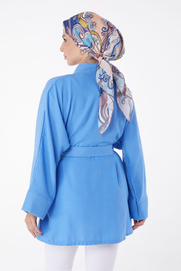Düz Orta Kadın Mavi Kuşaklı Kimono - 26129 MAVİ