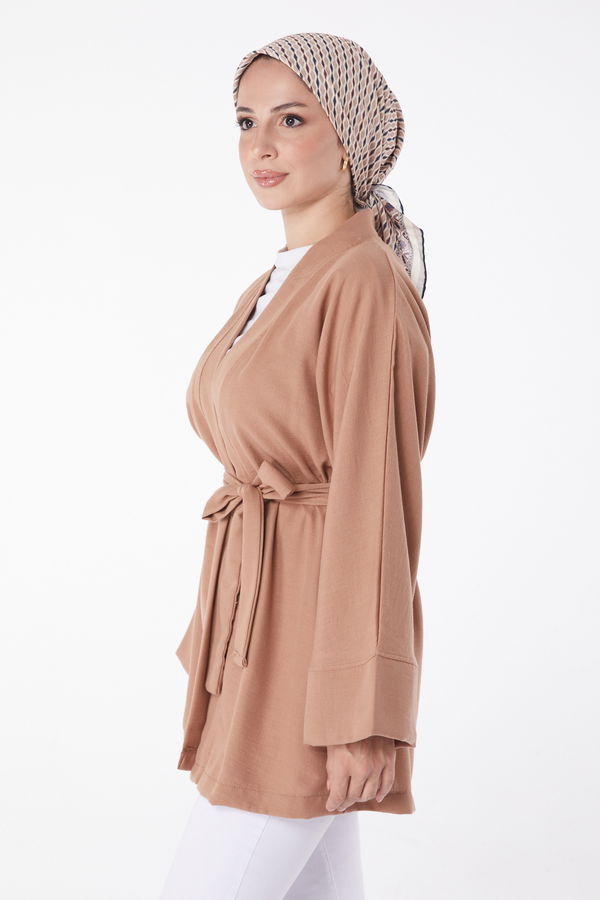 Düz Orta Kadın Taba Kuşaklı Kimono - 26129 TABA
