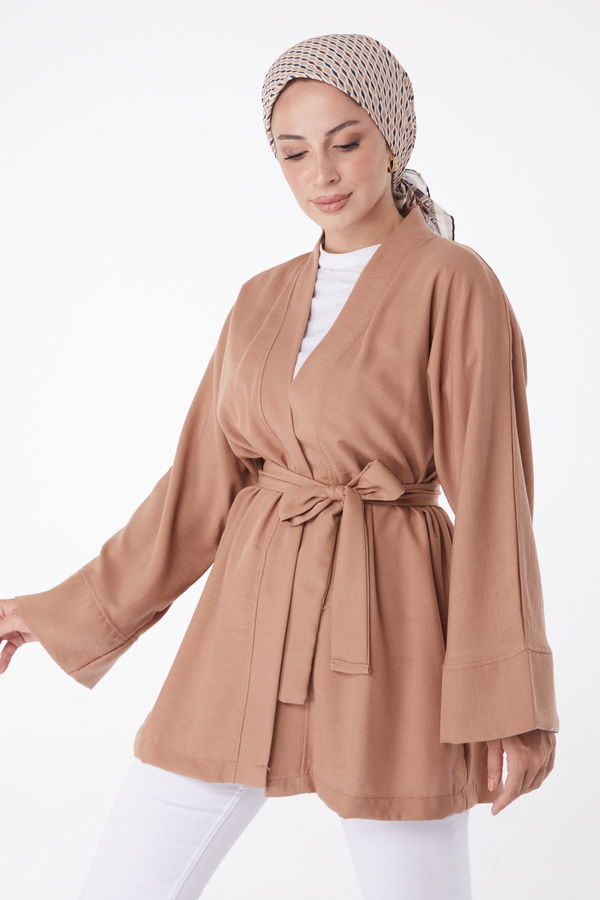Düz Orta Kadın Taba Kuşaklı Kimono - 26129 TABA