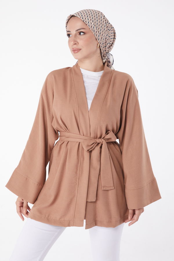 Düz Orta Kadın Taba Kuşaklı Kimono - 26129 TABA