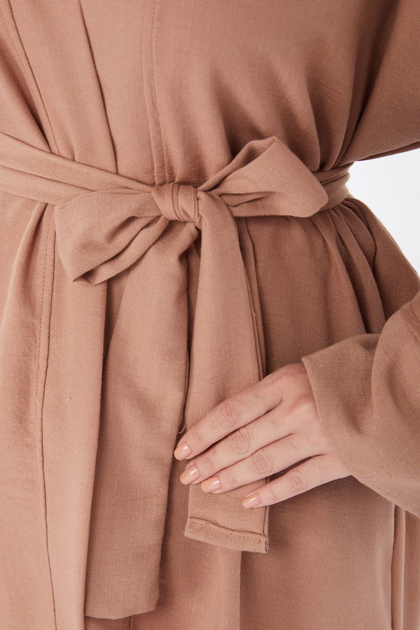 Düz Orta Kadın Taba Kuşaklı Kimono - 26129 TABA