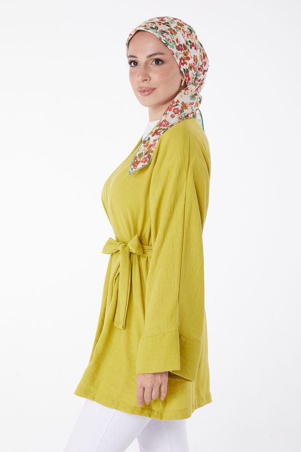 Düz Orta Kadın Yeşil Kuşaklı Kimono - 26129 YEŞİL