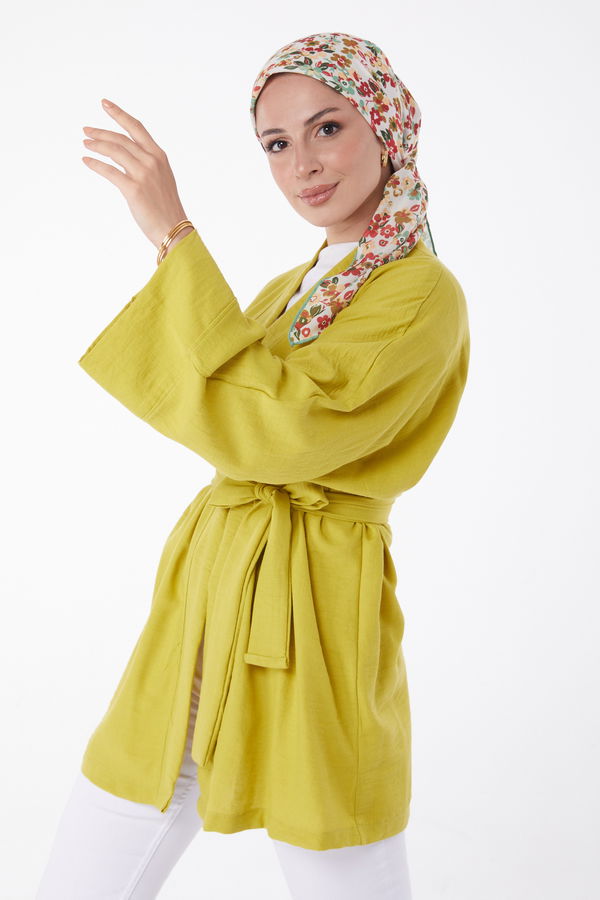 Düz Orta Kadın Yeşil Kuşaklı Kimono - 26129 YEŞİL
