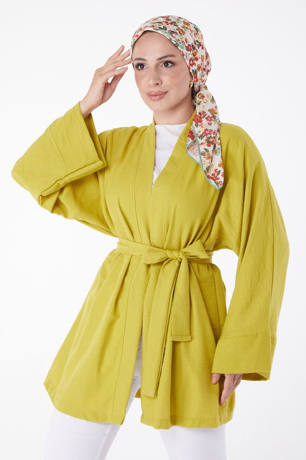 Düz Orta Kadın Yeşil Kuşaklı Kimono - 26129 YEŞİL