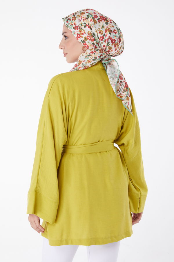 Düz Orta Kadın Yeşil Kuşaklı Kimono - 26129 YEŞİL