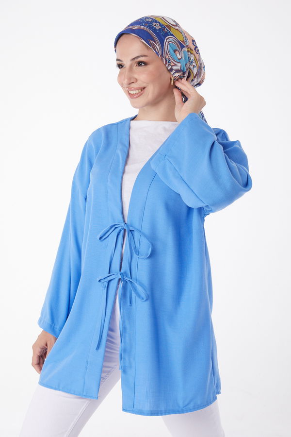 Düz Orta Kadın Mavi Bağcıklı Kimono - 26141 MAVİ