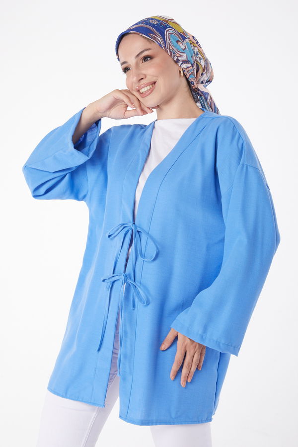 Düz Orta Kadın Mavi Bağcıklı Kimono - 26141 MAVİ