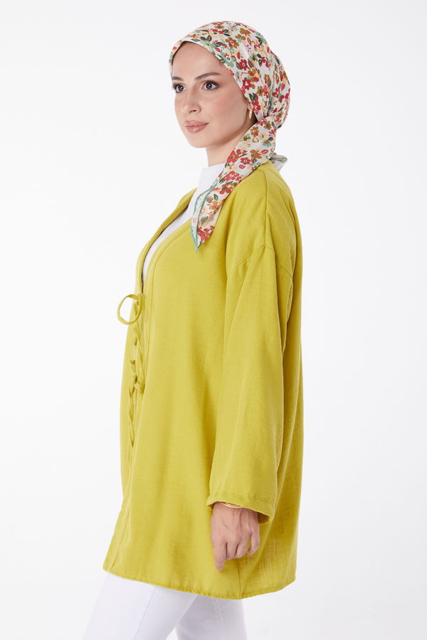 Düz Orta Kadın Yeşil Bağcıklı Kimono - 26141