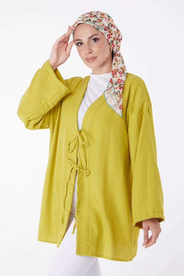 Düz Orta Kadın Yeşil Bağcıklı Kimono - 26141