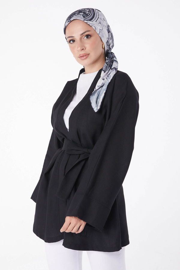 Düz Orta Kadın Siyah Kuşaklı Kimono - 26129 SİYAH