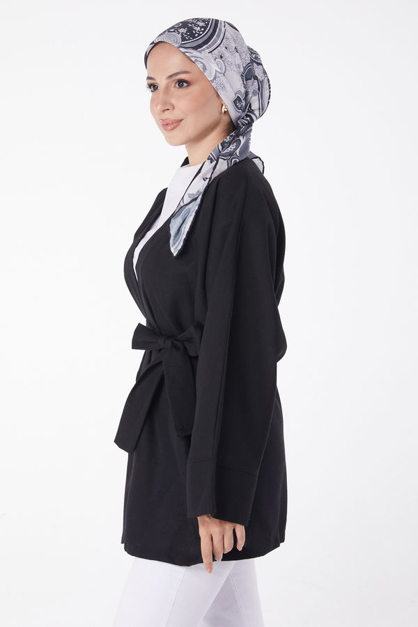 Düz Orta Kadın Siyah Kuşaklı Kimono - 26129 SİYAH