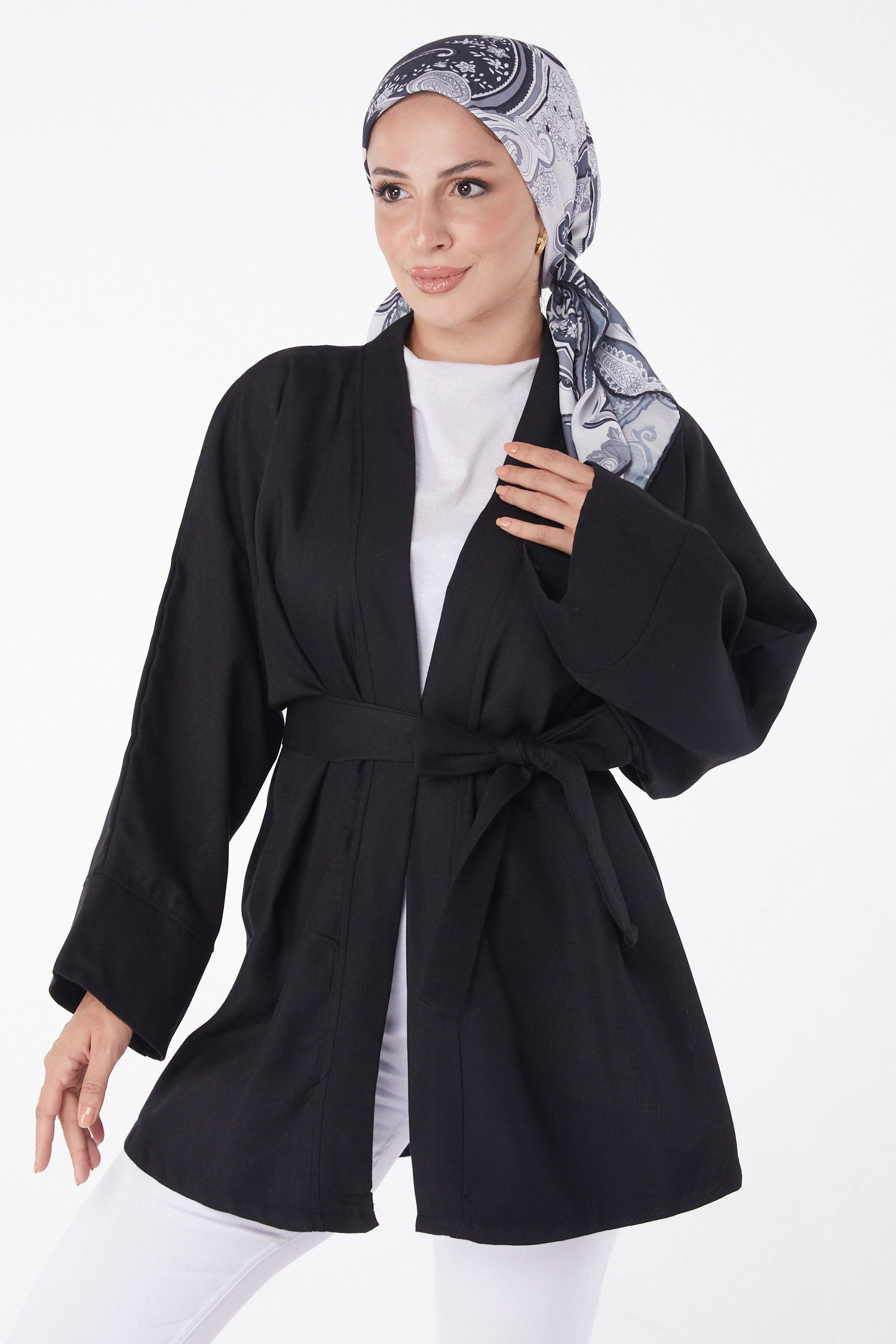 Düz Orta Kadın Siyah Kuşaklı Kimono - 26129 SİYAH