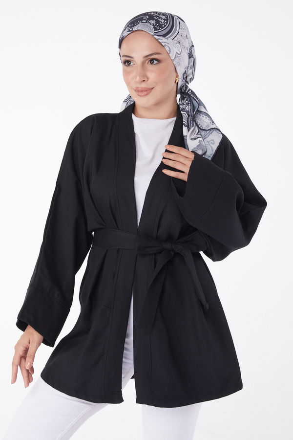 Düz Orta Kadın Siyah Kuşaklı Kimono - 26129 SİYAH