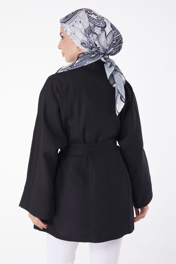 Düz Orta Kadın Siyah Kuşaklı Kimono - 26129 SİYAH