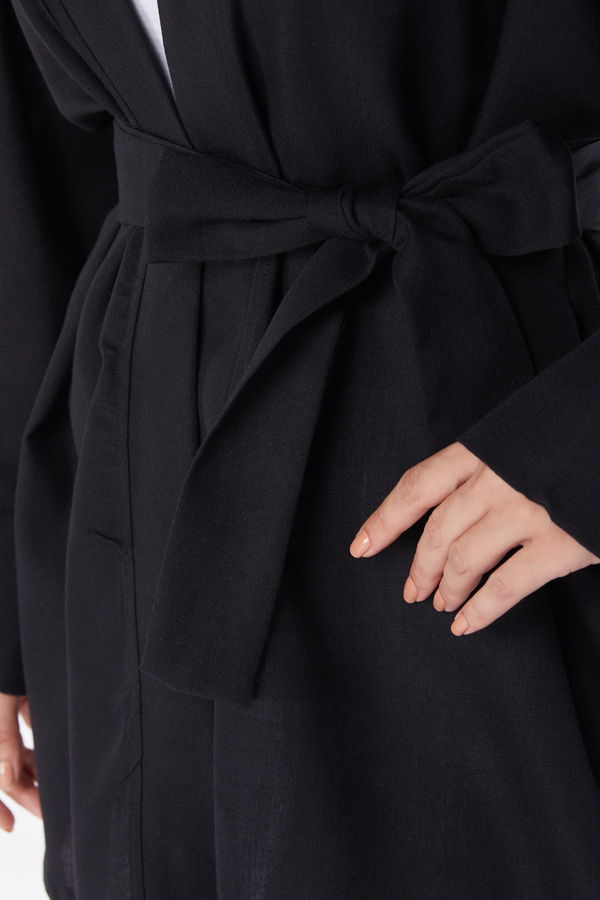 Düz Orta Kadın Siyah Kuşaklı Kimono - 26129 SİYAH