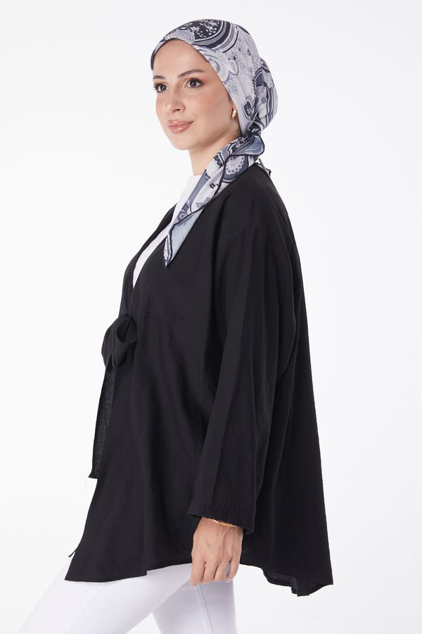 Düz Orta Kadın Siyah Önü Bağcıklı Hırka - 26135 SİYAH