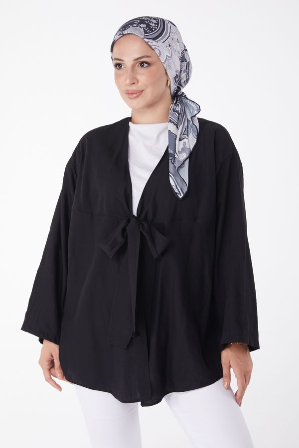 Düz Orta Kadın Siyah Önü Bağcıklı Hırka - 26135 SİYAH