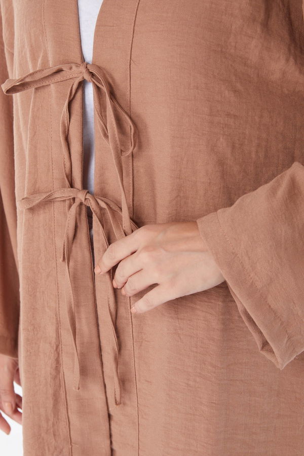 Düz Orta Kadın Taba Bağcıklı Kimono - 26141 TABA