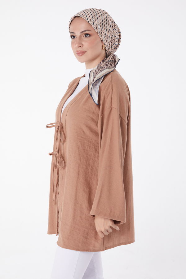 Düz Orta Kadın Taba Bağcıklı Kimono - 26141 TABA