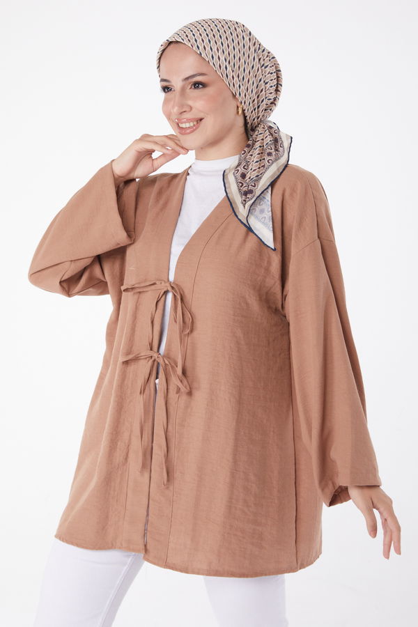 Düz Orta Kadın Taba Bağcıklı Kimono - 26141 TABA