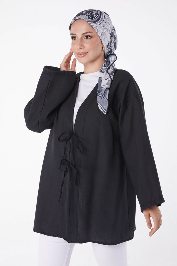 Düz Orta Kadın Siyah Bağcıklı Kimono - 26141 SİYAH