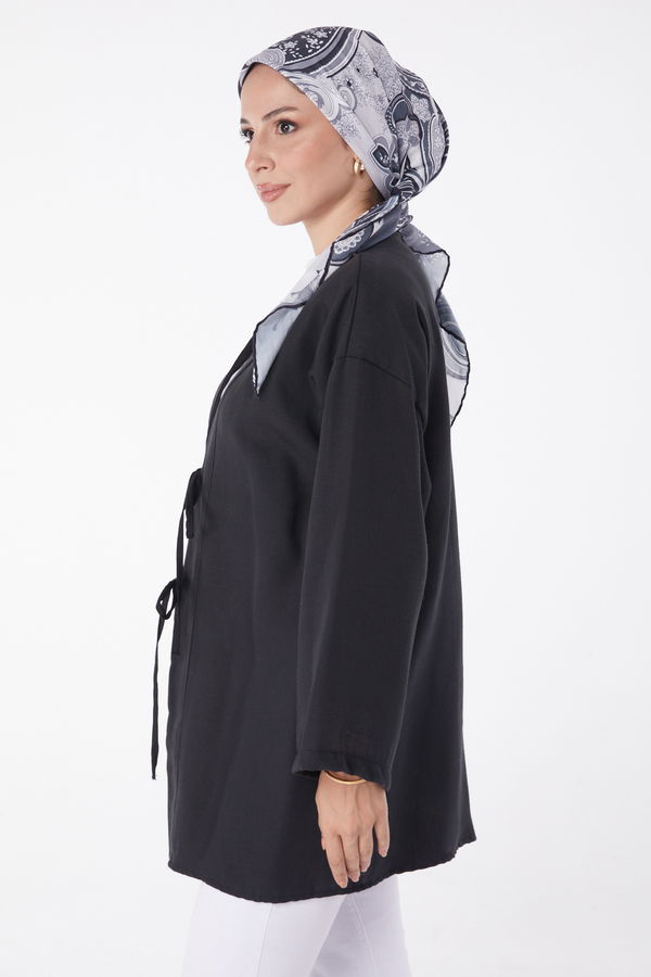 Düz Orta Kadın Siyah Bağcıklı Kimono - 26141 SİYAH