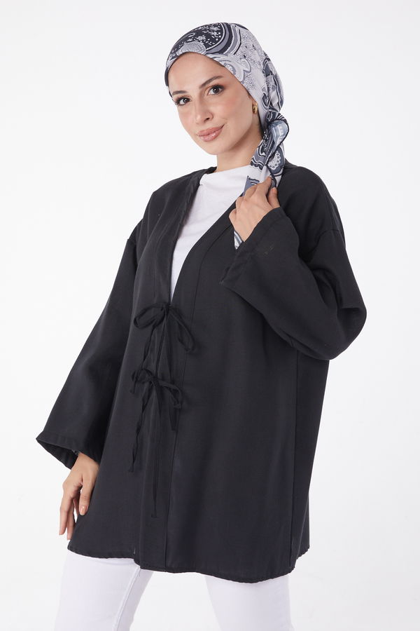 Düz Orta Kadın Siyah Bağcıklı Kimono - 26141 SİYAH