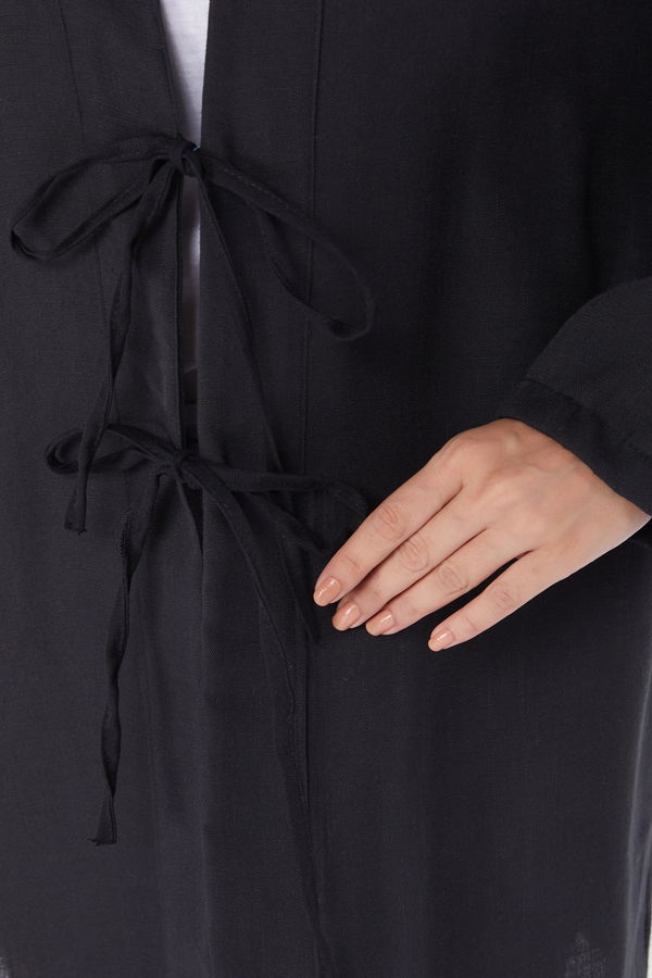 Düz Orta Kadın Siyah Bağcıklı Kimono - 26141 SİYAH