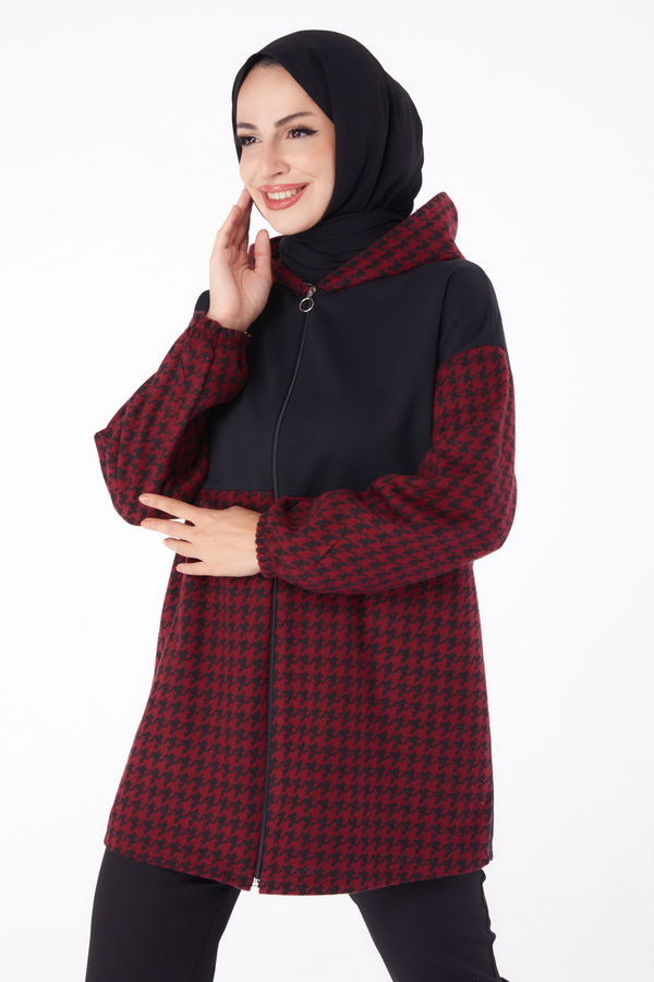 Düz Kapşonlu Yaka Kadın Bordo Fermuarlı Garnili sweatshirt - 13314