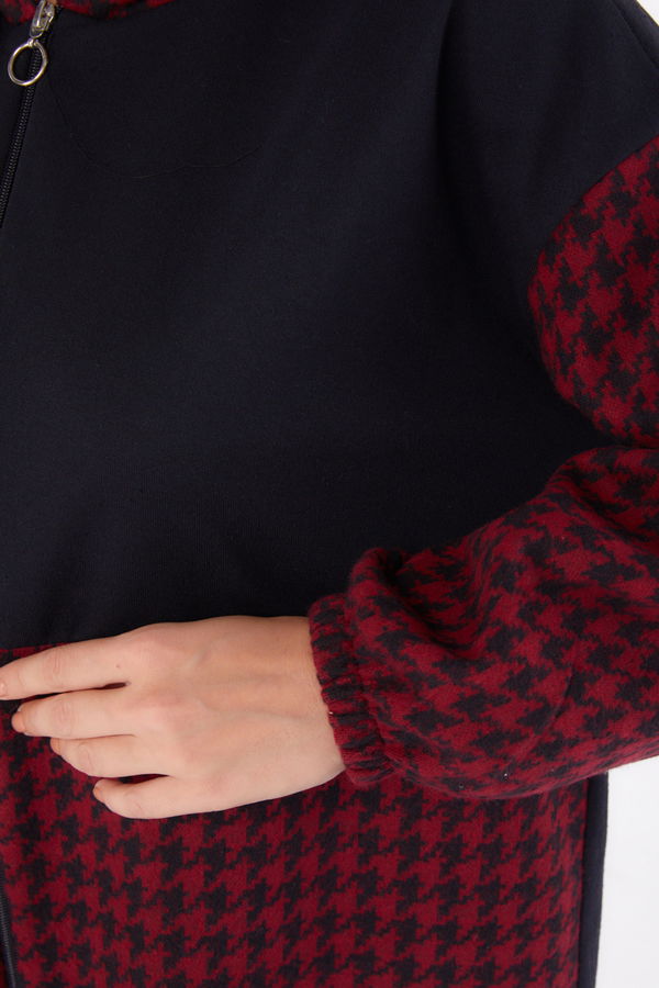 Düz Kapşonlu Yaka Kadın Bordo Fermuarlı Garnili sweatshirt - 13314