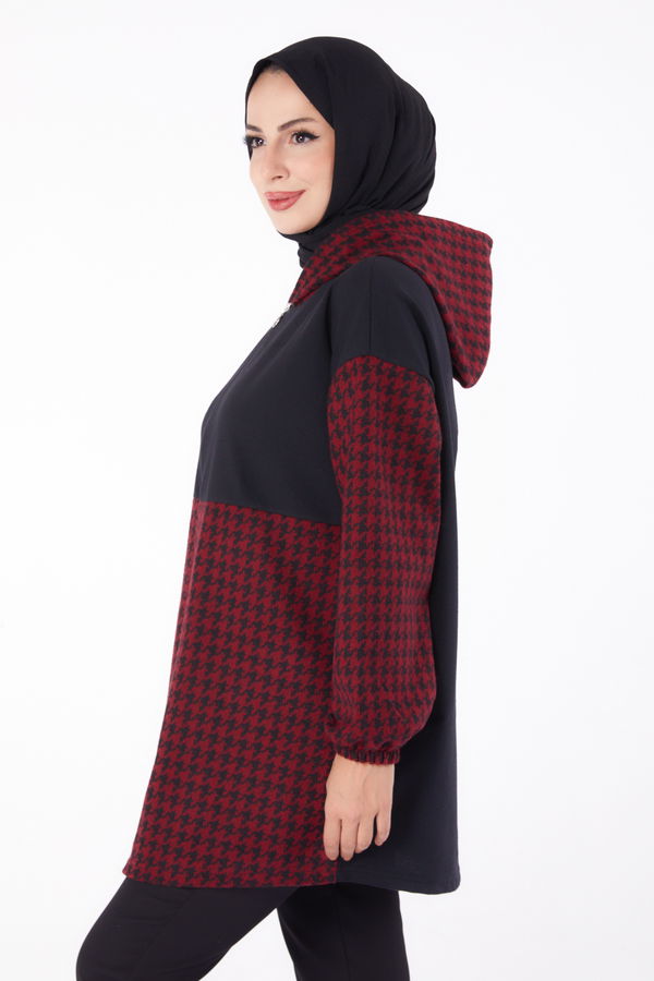 Düz Kapşonlu Yaka Kadın Bordo Fermuarlı Garnili sweatshirt - 13314