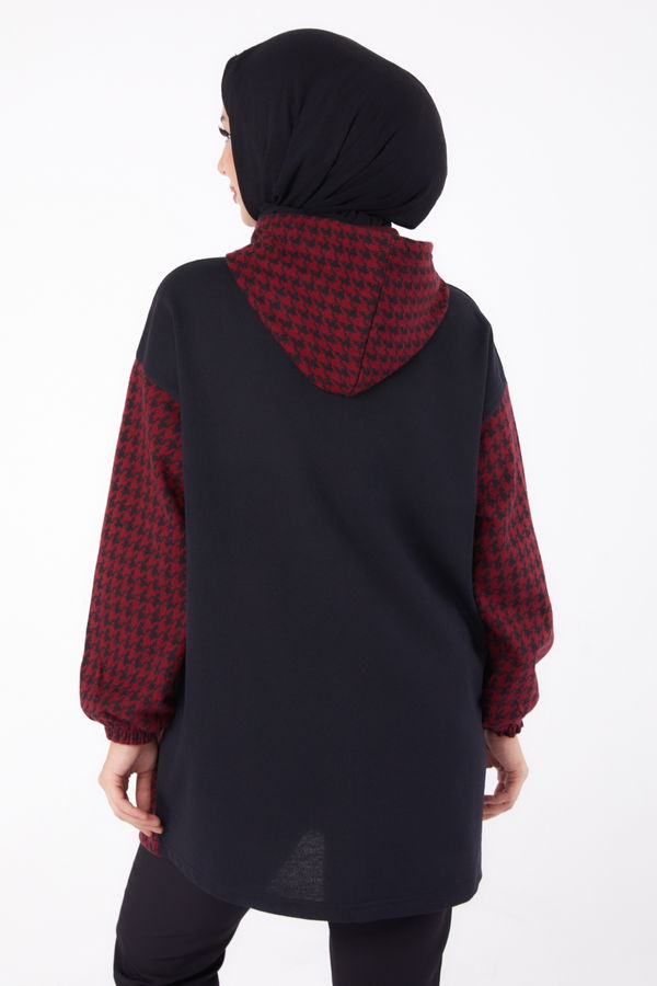 Düz Kapşonlu Yaka Kadın Bordo Fermuarlı Garnili sweatshirt - 13314