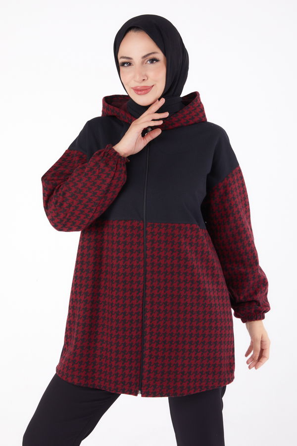 Düz Kapşonlu Yaka Kadın Bordo Fermuarlı Garnili sweatshirt - 13314