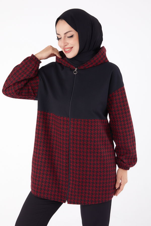 Düz Kapşonlu Yaka Kadın Bordo Fermuarlı Garnili sweatshirt - 13314