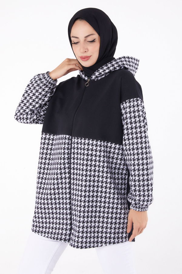 Düz Kapşonlu Yaka Kadın Gri Fermuarlı Garnili sweatshirt - 13314